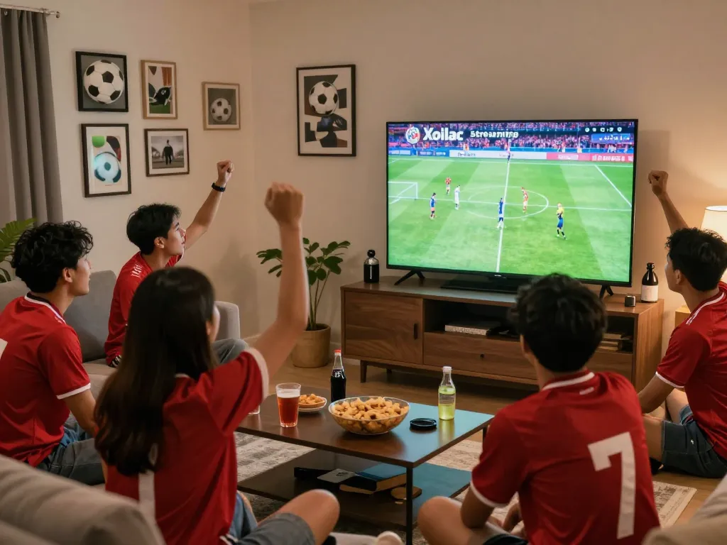Xoilac football streaming experience with fans cheering and enjoying snacks in a lively room.
