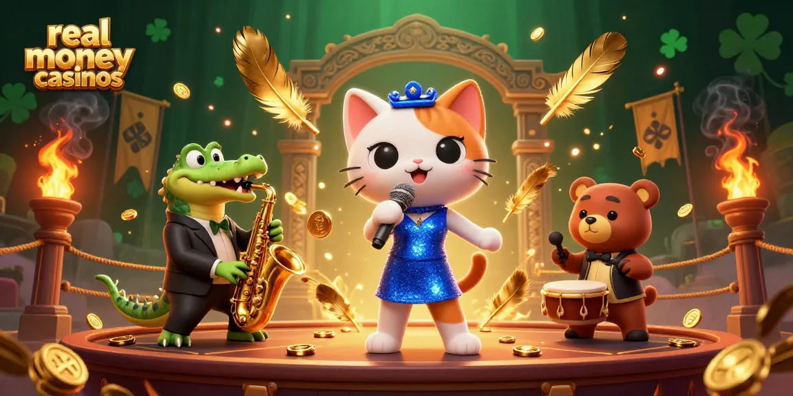 Experience real money casinos with a vibrant 3D illustration of a singing cat, saxophonist crocodile, and drummer bear.
