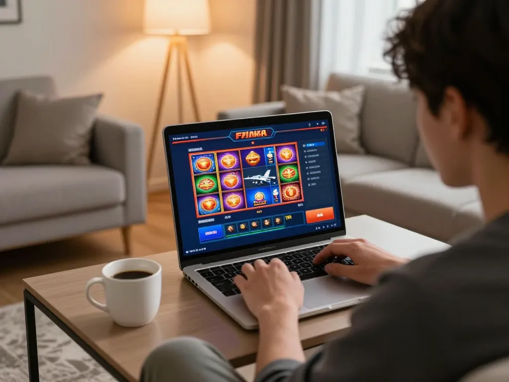 Player engaging in online gambling at f168.osaka in a cozy living room atmosphere