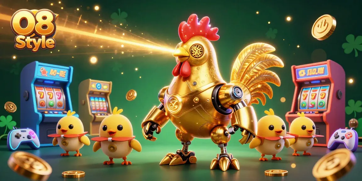 Experience thrilling action with O8 Style's golden rooster and baby chick drones amidst vibrant casino elements.