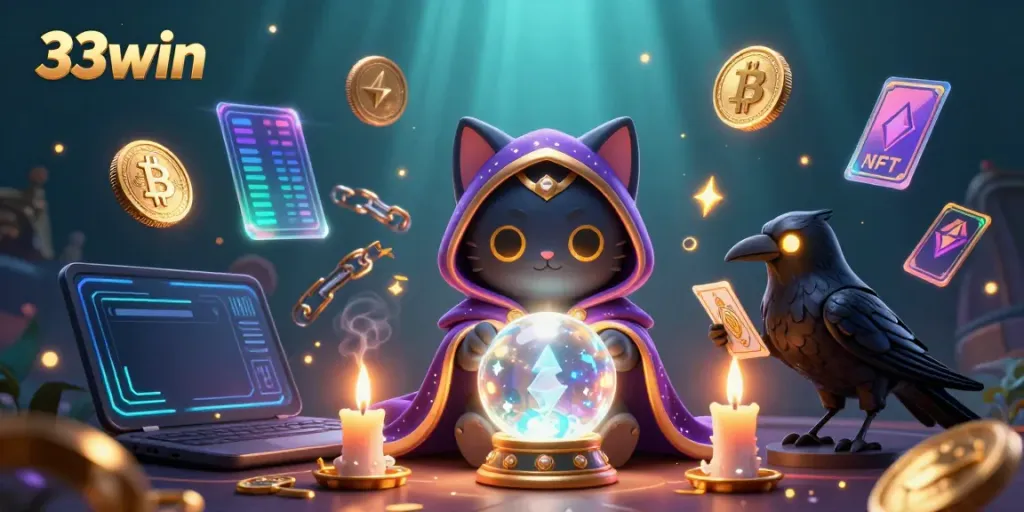 Engage with 33win's vibrant casino scene showcasing fortune teller cat and tarot raven surrounded by crypto coins.