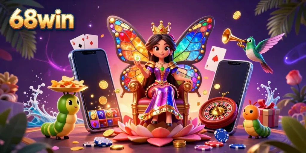 Experience thrilling gameplay with 68win as the butterfly queen and her troupe entertain amidst dynamic casino elements.