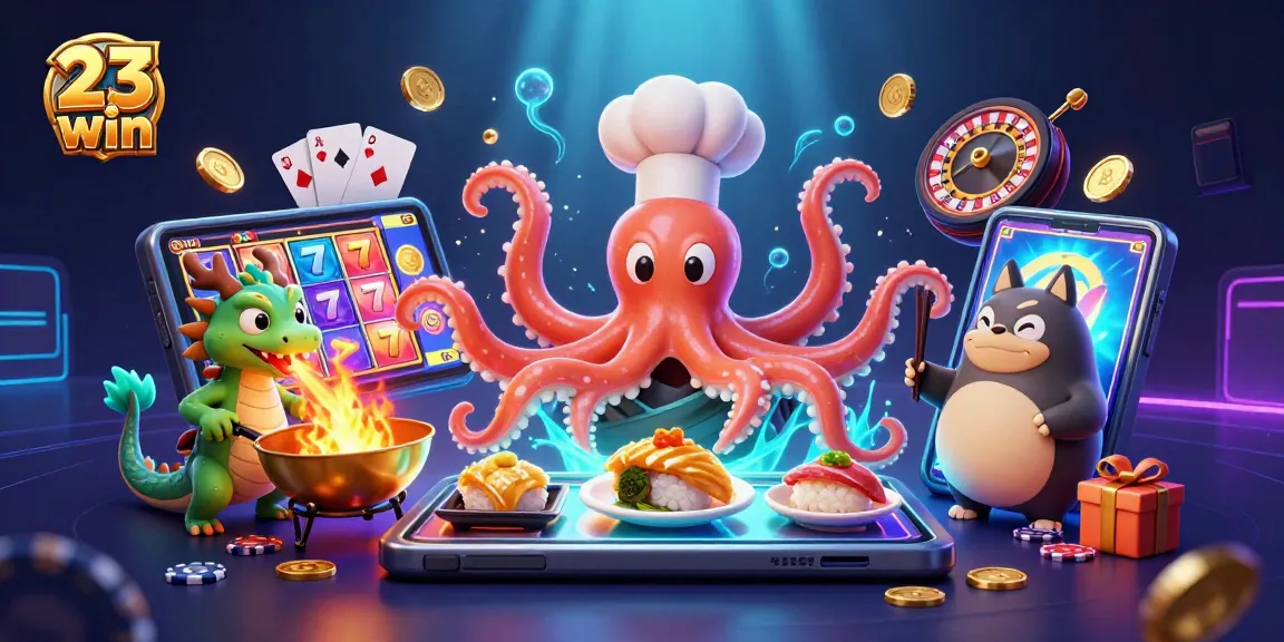 Play slots with 23 win, featuring vibrant characters and dynamic gaming elements in a rich casino scene.