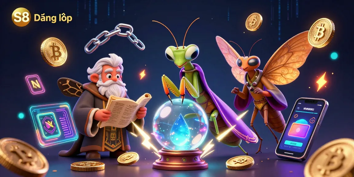 S8 Đăng nhập logo illustration with mystical elements, showcasing a cartoon fortune teller and librarian, perfect for gaming.