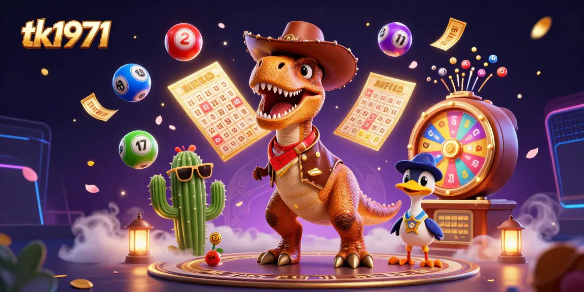Engage with tk1971 as a T-Rex cowboy wins dynamic lottery prizes in a vibrant scene.