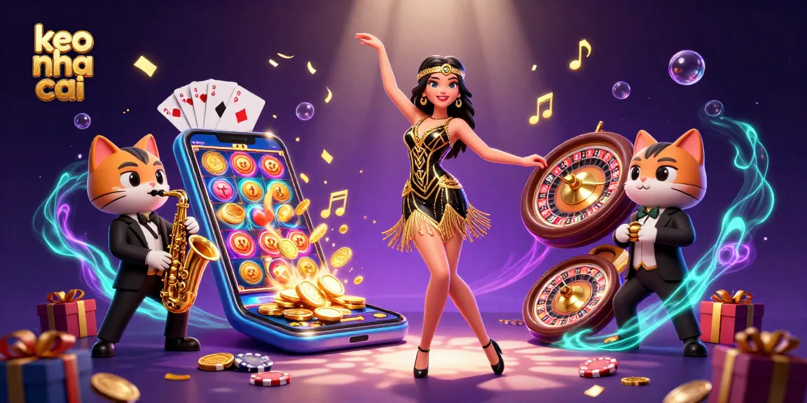 Experience exciting gaming with keo nha cai as a vibrant woman dances among slot games and golden confetti.