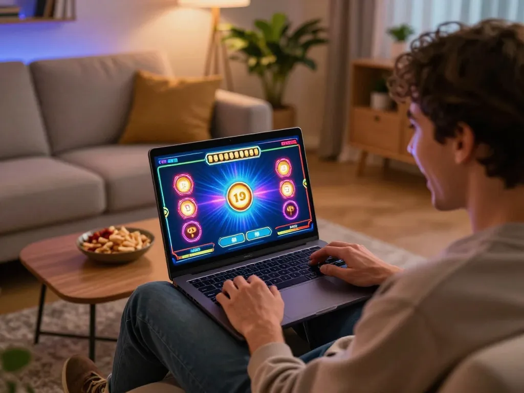 Player celebrating a win on fun79 while enjoying a cozy online gaming session at home.
