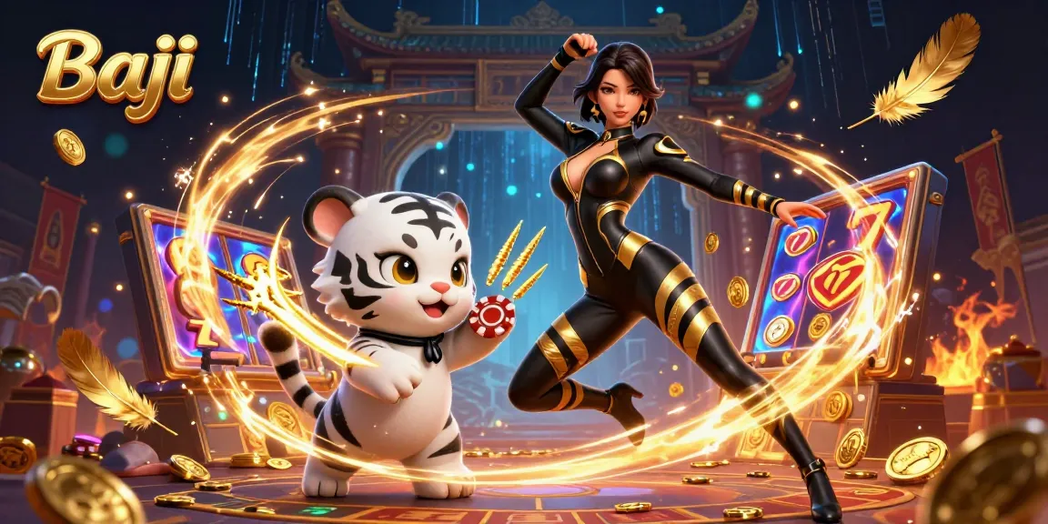 Play slots and win jackpots at Baji with this colorful casino illustration featuring vibrant characters and game elements.