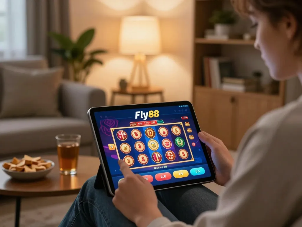 Fly88 user enjoying vibrant slot games on a tablet in a cozy living room setting.