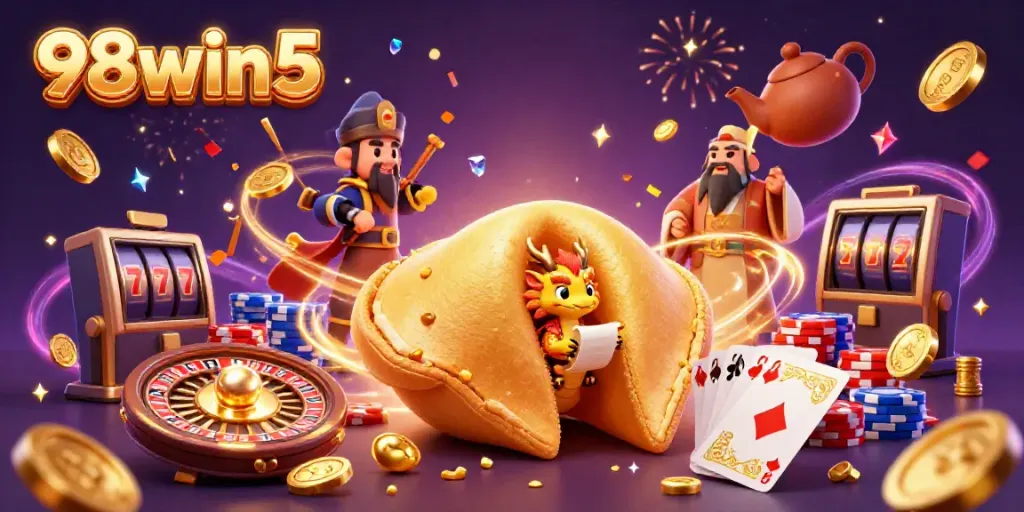 Experience the excitement of 98win5 with a vibrant illustration featuring a golden fortune cookie, dragon, and energetic gaming elements.