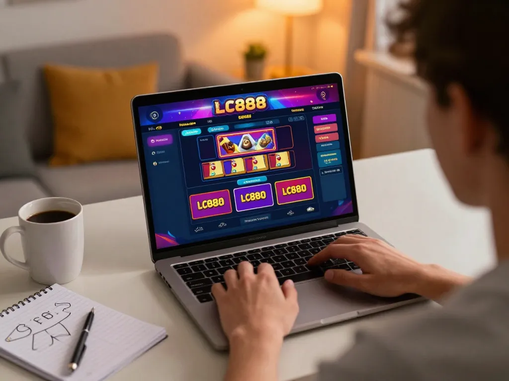 Engaging in LC888 online gaming experience while analyzing betting strategies at home.