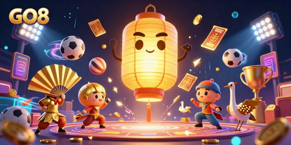 Engage in GO8's vibrant gaming scene with a dynamic depiction showcasing rich elements of luck and fortune.