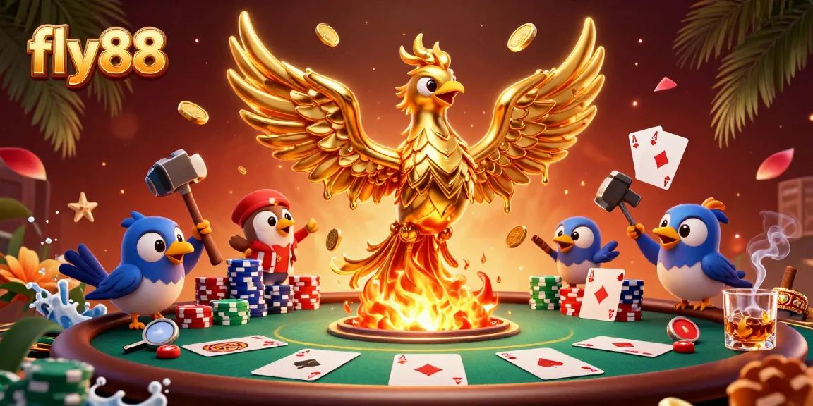 Engage with fly88's golden phoenix emerging from the forge amidst a rich casino atmosphere.