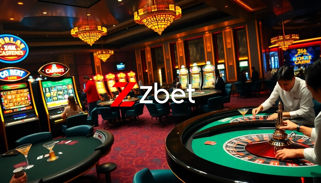 Exciting gambling scene at Nhà cái Zbet casino with poker tables and slot machines