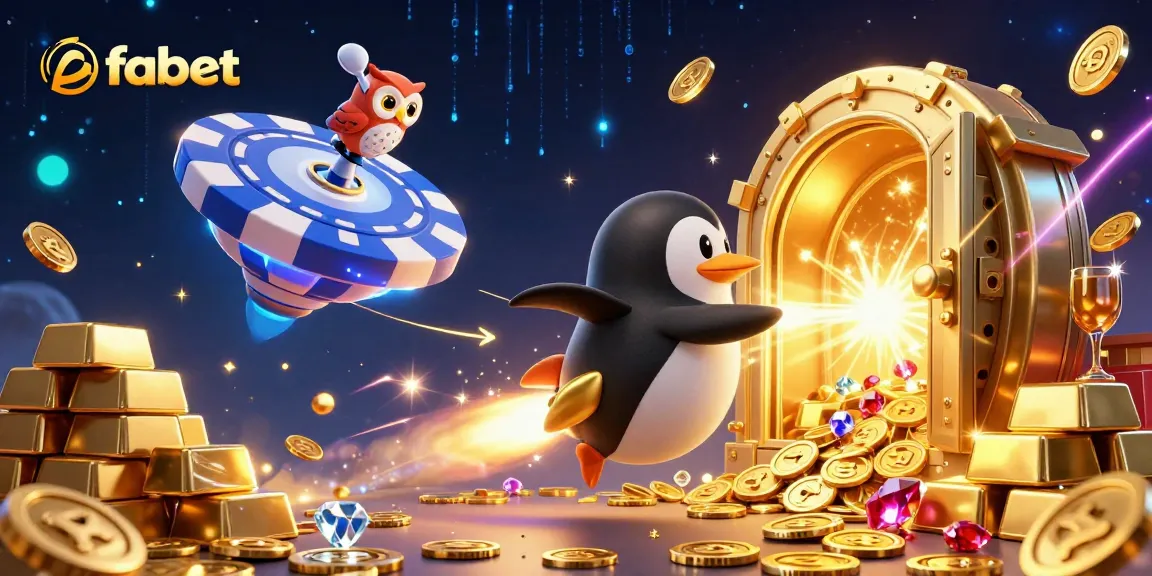 Win big at fabet with an ultra-detailed scene of a golden penguin racing towards a casino station.