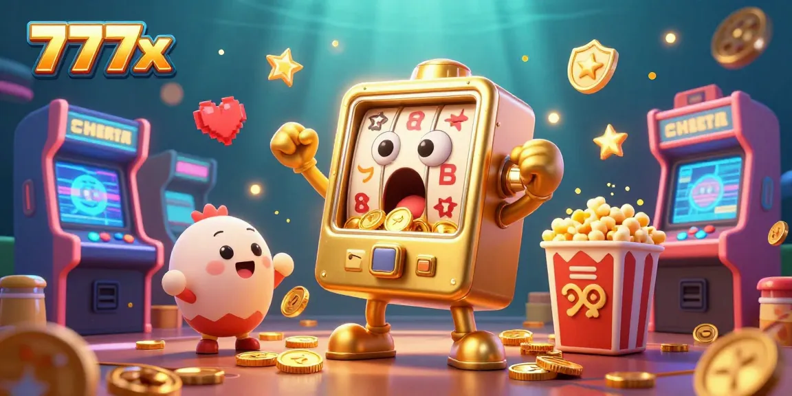 A thrilling 777x jackpot moment with animated slot machines celebrating coins pouring out, perfect for casino enthusiasts.