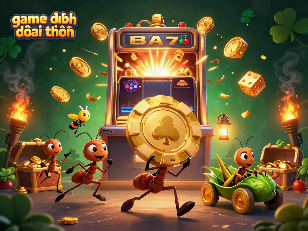 Experience excitement with game đánh bài đổi thưởng in this vibrant 3D illustration featuring clever ants and golden casino elements.