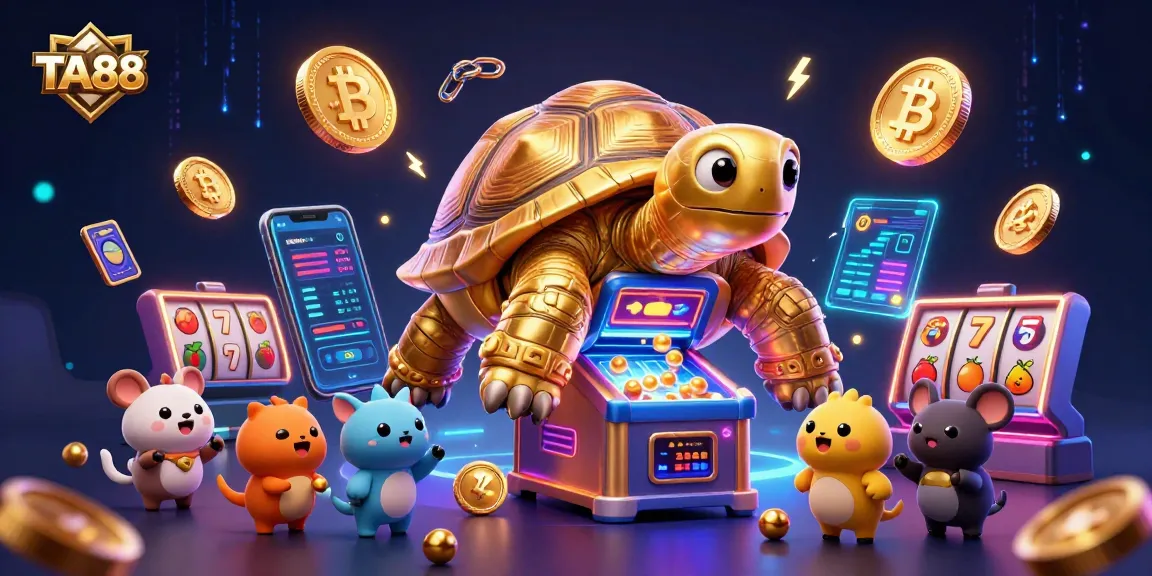 TA88 casino illustration with a golden tortoise pinball machine, NFT elements, and crypto coins.