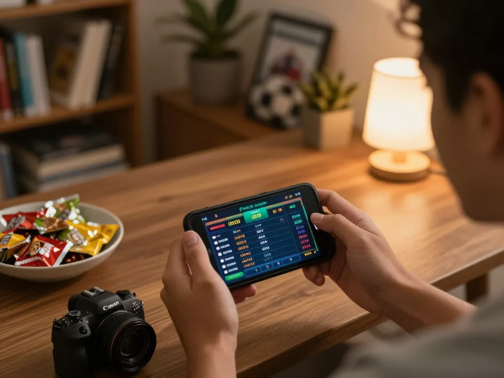 Nowgoal user engaging in live sports betting using a smartphone while enjoying snacks at home.
