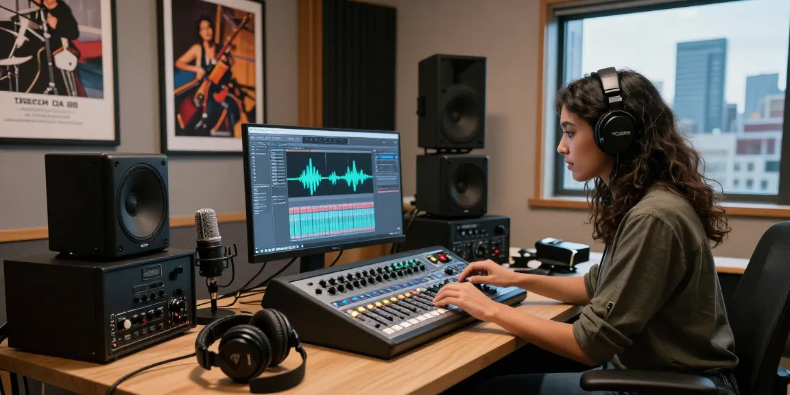 Engineer operating DA 88 multitrack recorder in modern studio.