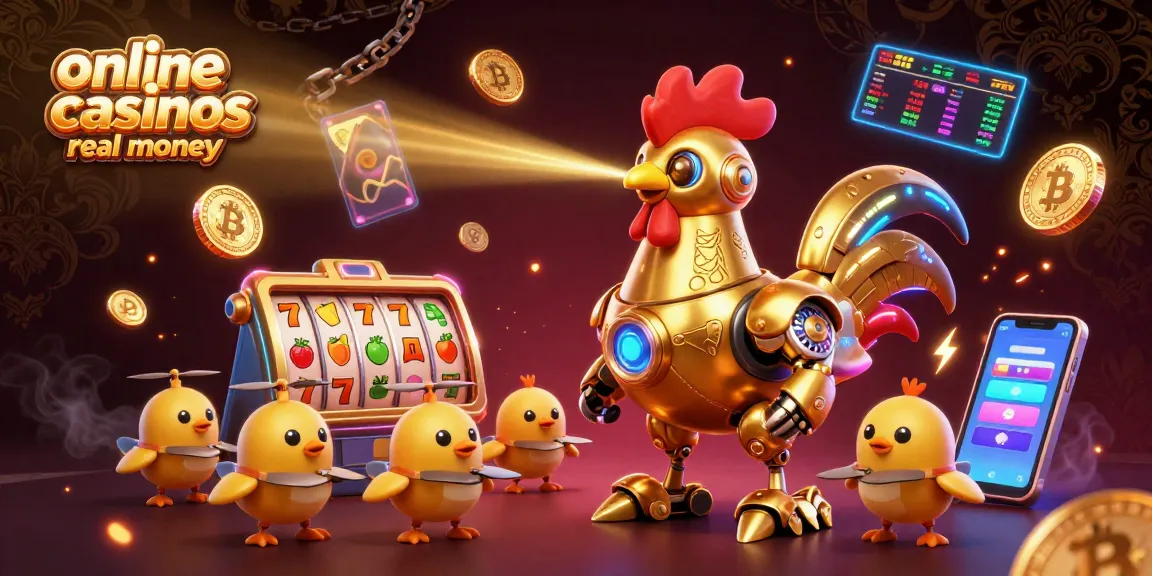 Engage with thrilling online casinos real money as a golden rooster robot shoots laser beams in a vibrant 3D scene.