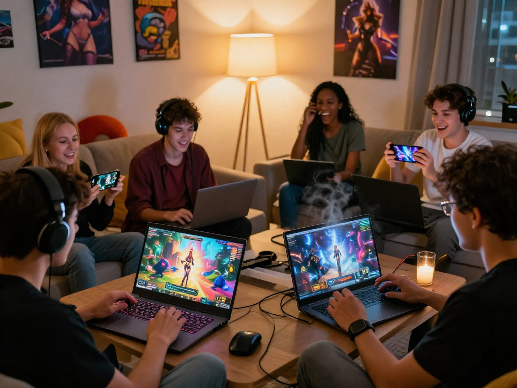 Experience game sex online with diverse players in a cozy setting enjoying vibrant adult games on various devices.