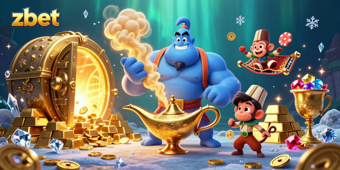 Experience zbet's magical journey with a muscular genie and treasures in a vibrant casino world.
