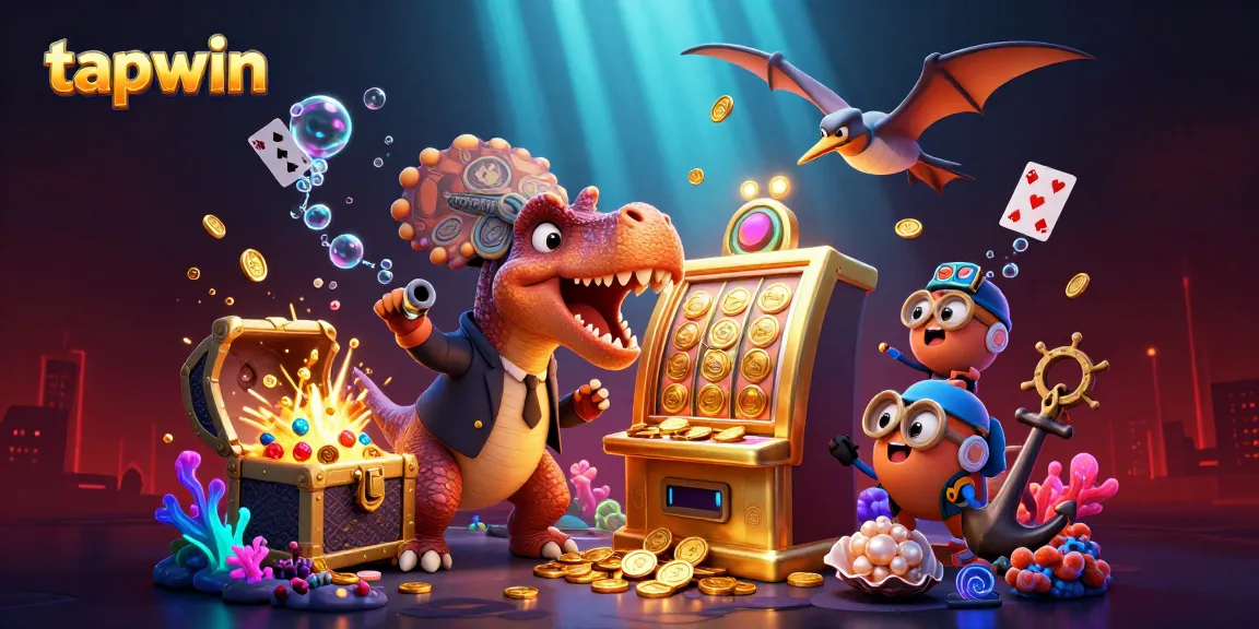 Tapwin casino illustration featuring a pachycephalosaurus winning on a golden slot machine amid flying coins.