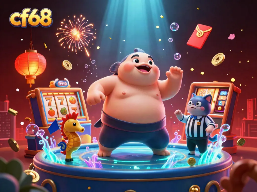 Spin and win with cf68's vibrant slot game scene featuring colorful characters and casino elements.
