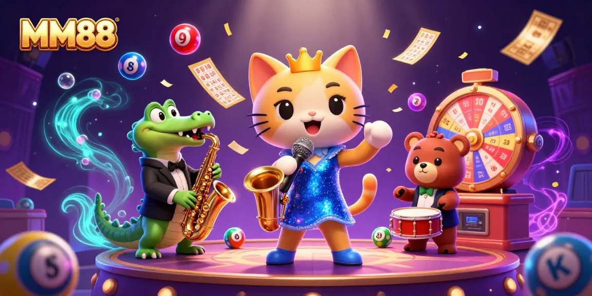 Immerse in MM88's vibrant casino scene featuring a singing cat, a sax-playing crocodile, and a drumming bear.