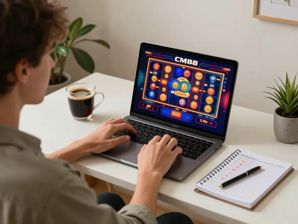 Engaging online gaming experience at CM88 with vibrant slot action on laptop in stylish home office.