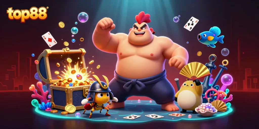 top88 gaming adventure with powerful sumo rooster and samurai cricket in colorful casino scene