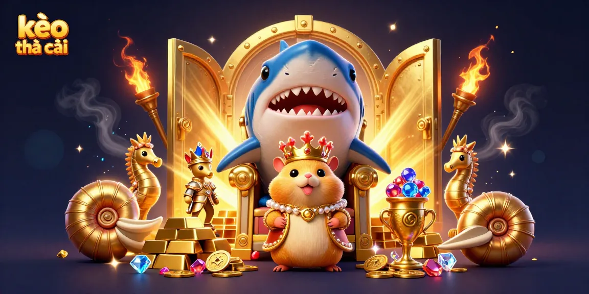 Engage with kèo nhà cái illustrated scene featuring a golden hamster king and treasure in a vibrant casino theme.