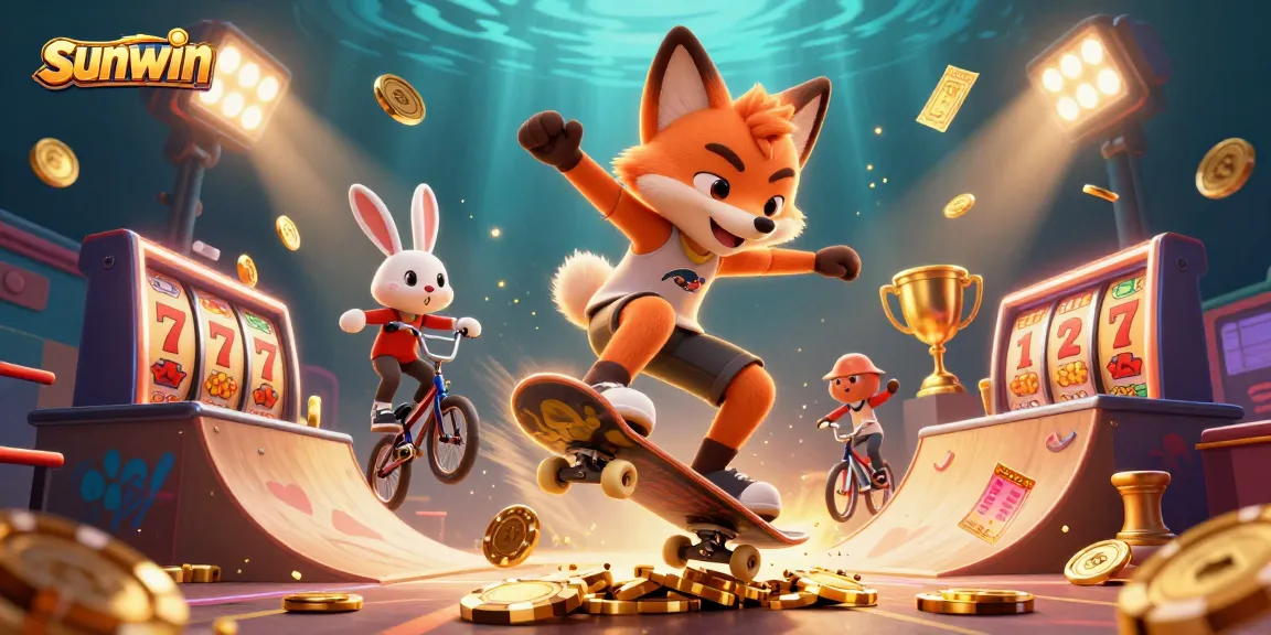 Experience thrilling slots action with sunwin's dynamic 3D cartoon scene of a skateboarder fox!