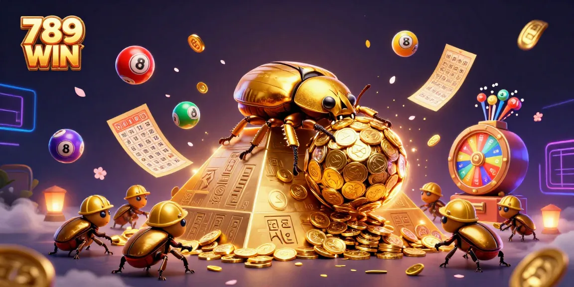 Immerse in 789 WIN's vibrant scene of golden beetles and lottery elements creating exciting winning opportunities.