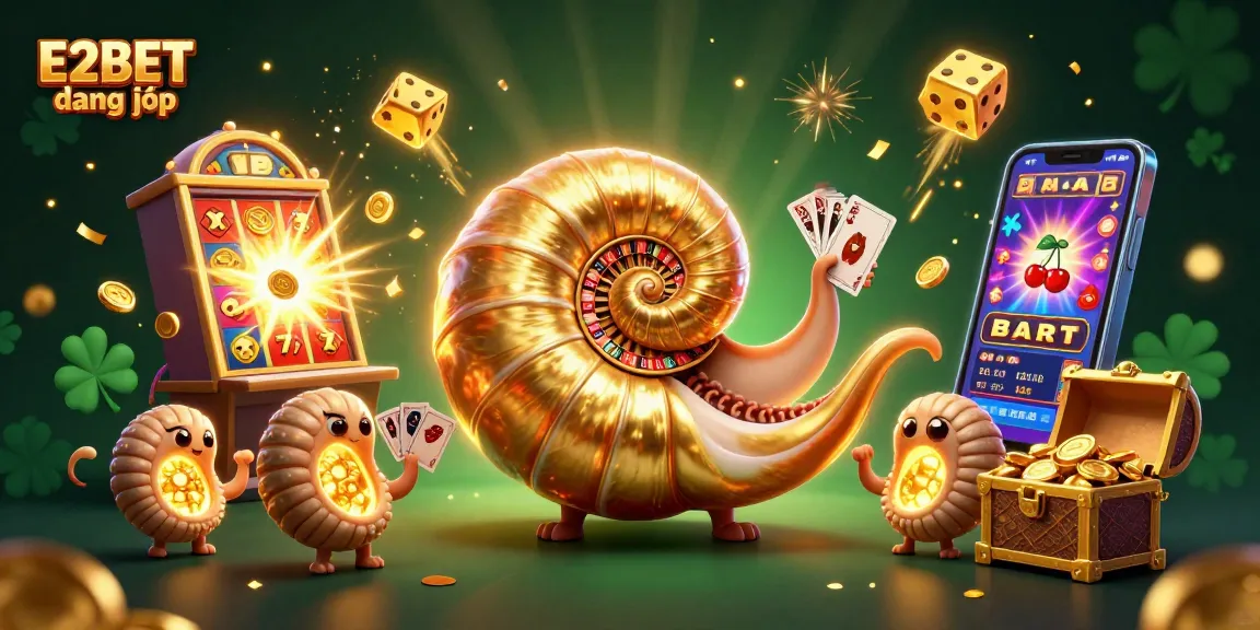 E2BET đăng nhập features a vibrant scene with a giant nautilus roulette wheel surrounded by glowing ammonite fossils and slot machines.